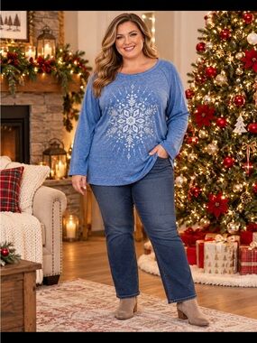 Holiday Time Blue Snowflake Christmas Top Plus Size 3X 24W-26